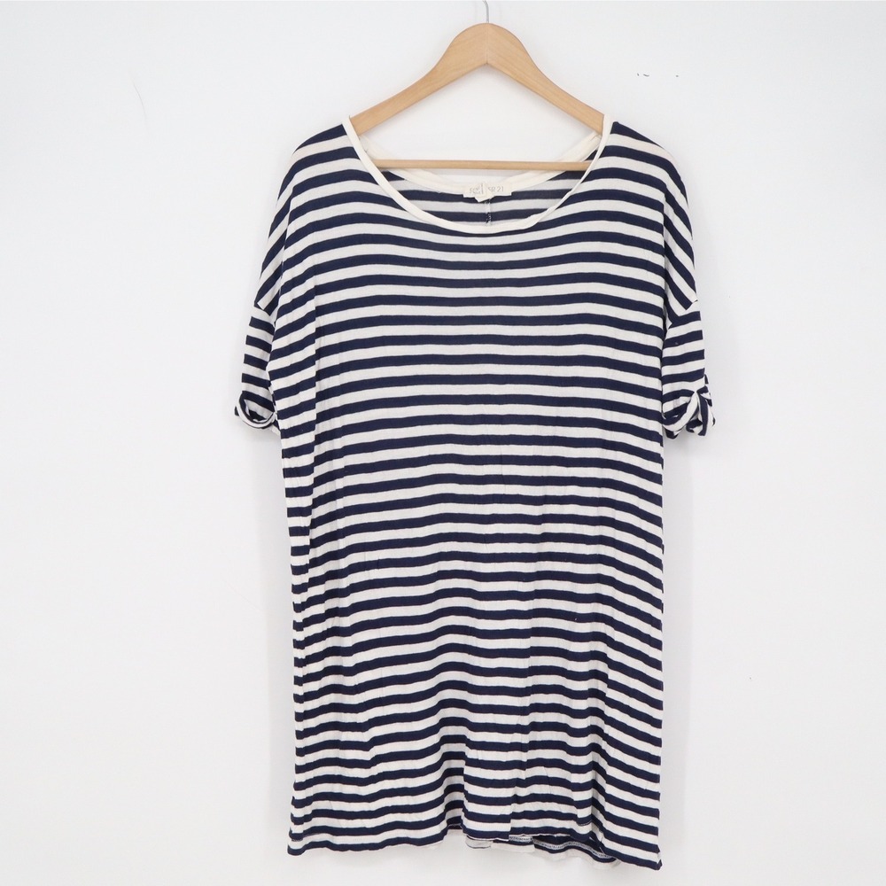 Forever 21 T-Shirt Womens L Oversized Blue White Striped Short Sleeve Excellent